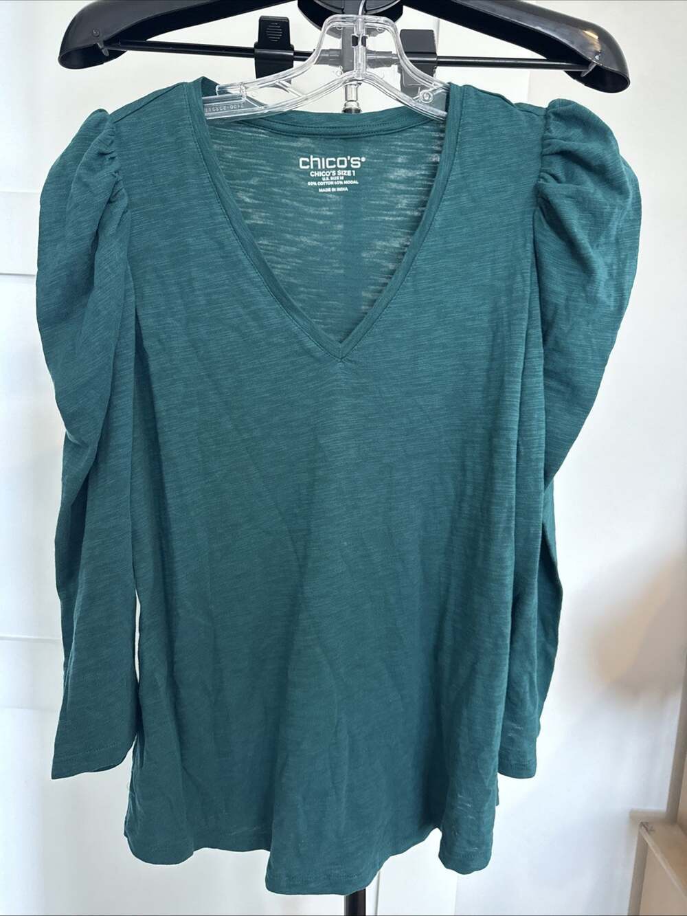 Chico's Women's Teal V-Neck Knit Puff Long Sleeve Pullover Top Size M